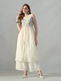 Myshka Women Off White Embroidered Long Kurta With Front Slit Trouser | Grocsy