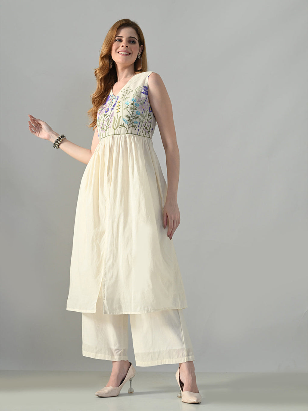 Myshka Women Off White Embroidered Long Kurta With Front Slit Trouser | Grocsy