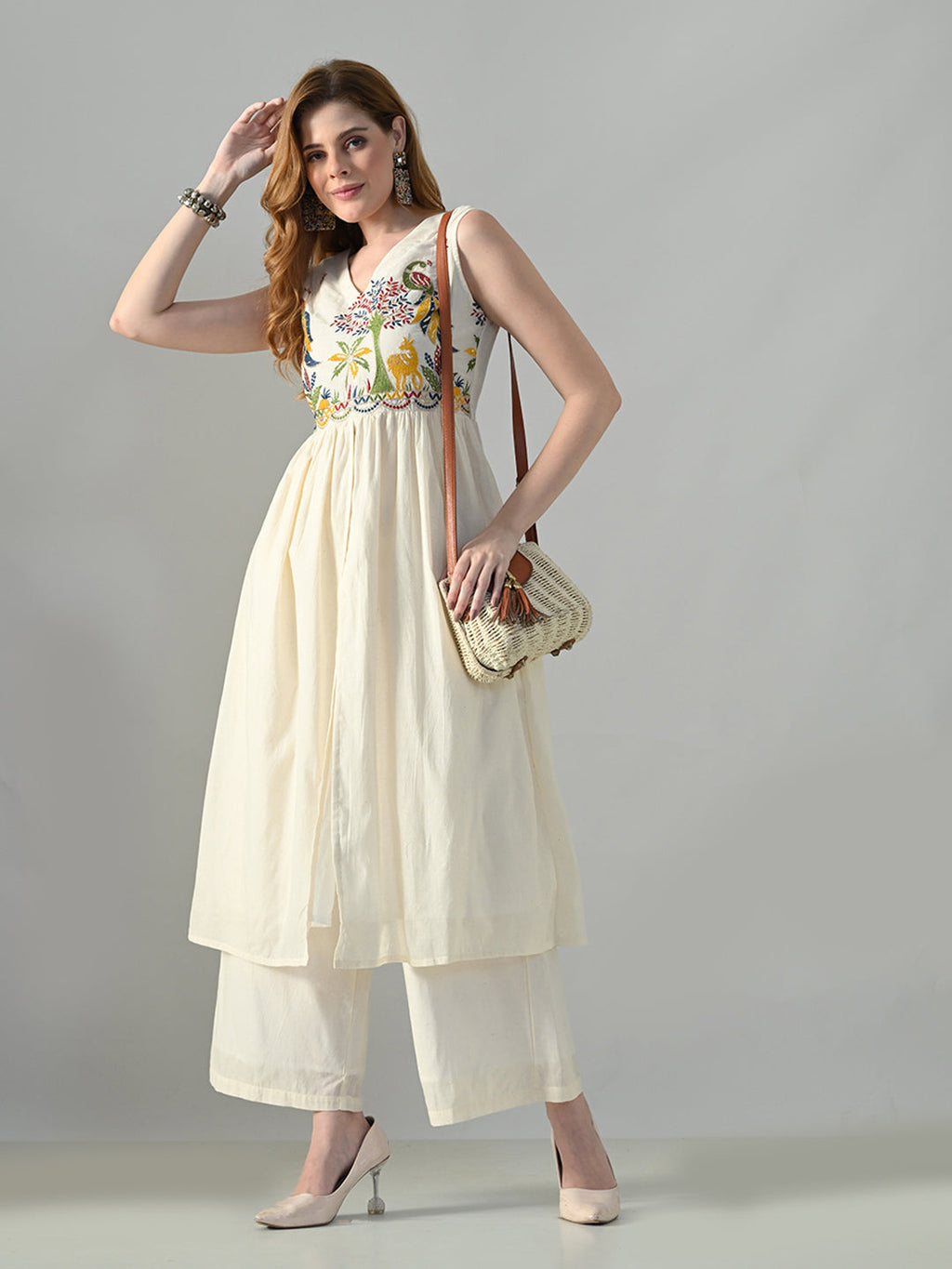 Myshka Women Off White Embroidered Long Kurta With Front Slit Trouser | Grocsy