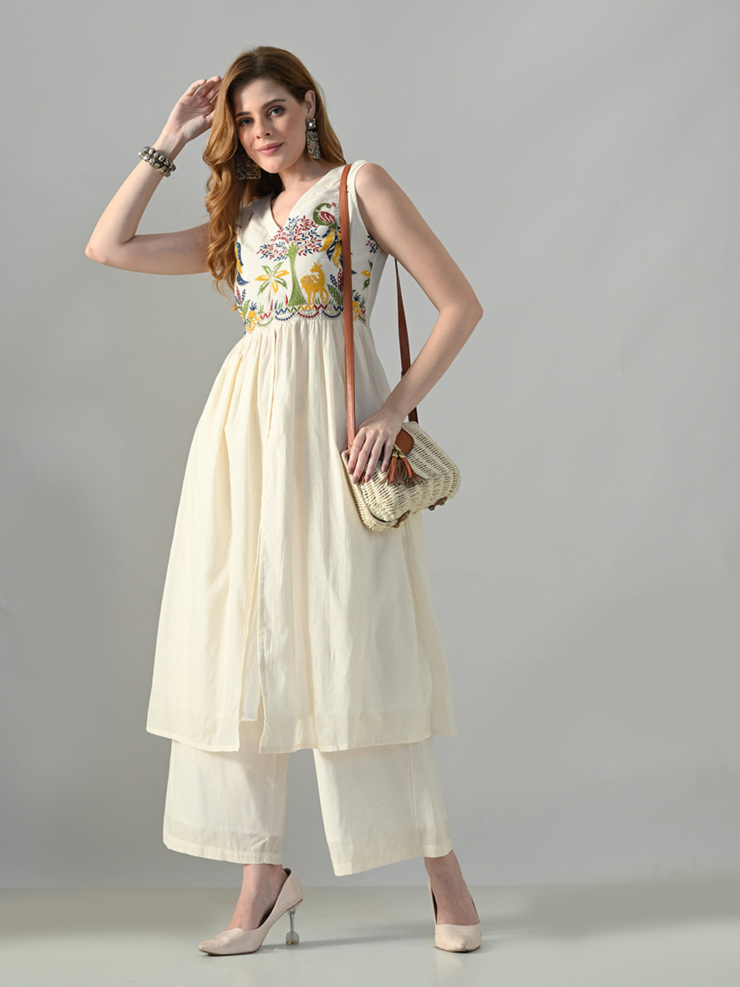 Myshka Women Off White Embroidered Long Kurta With Front Slit Trouser | Grocsy