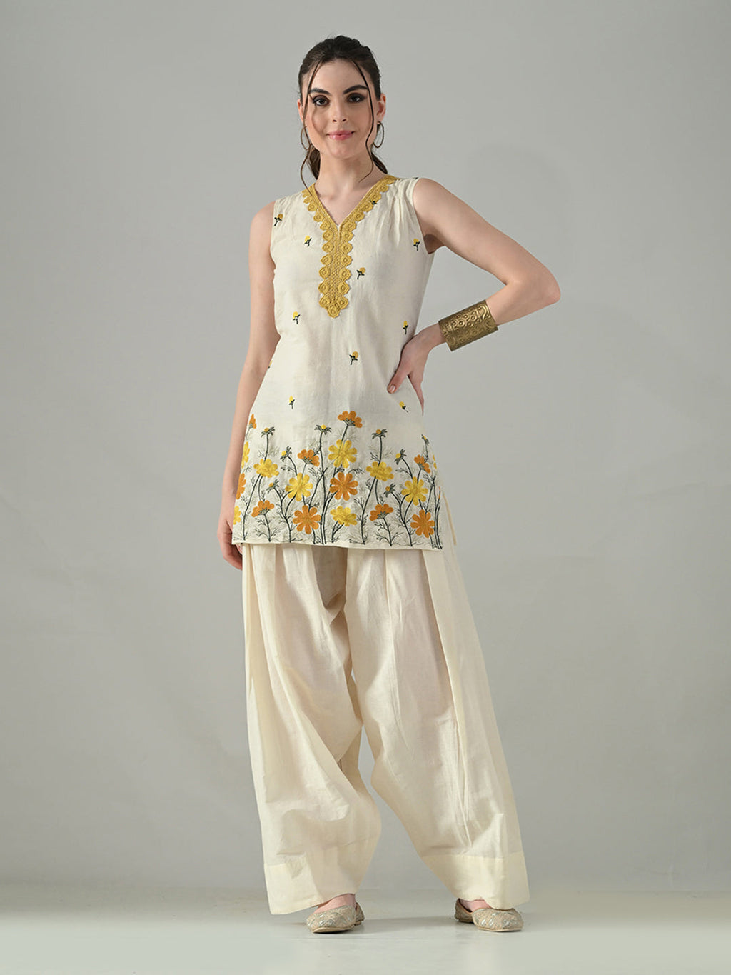 Myshka Women Off White Embroidered Short Kurta With Farsi Salwar | Grocsy