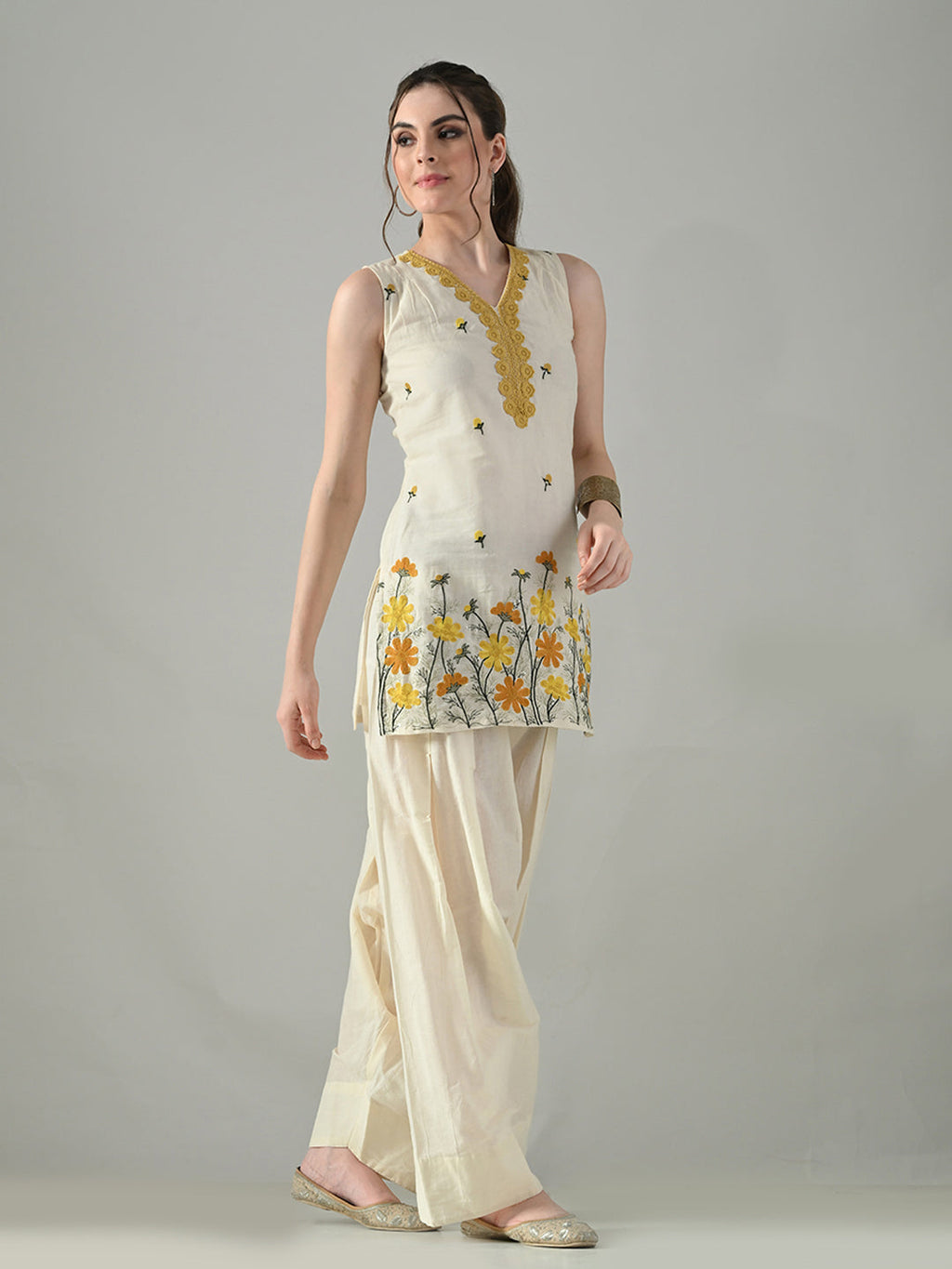 Myshka Women Off White Embroidered Short Kurta With Farsi Salwar | Grocsy