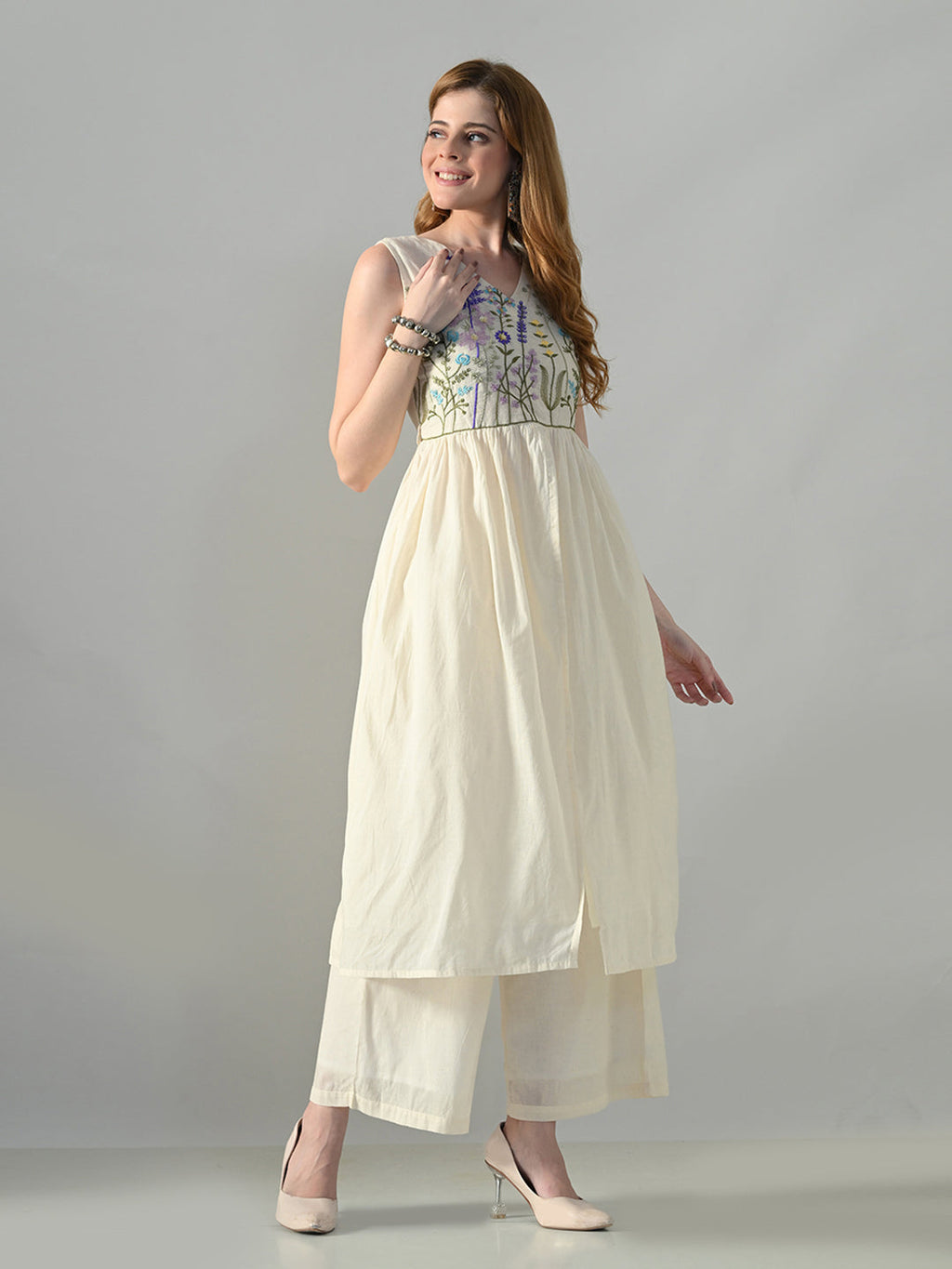 Myshka Women Off White Embroidered Long Kurta With Front Slit Trouser | Grocsy