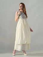 Myshka Women Off White Embroidered Long Kurta With Front Slit Trouser | Grocsy
