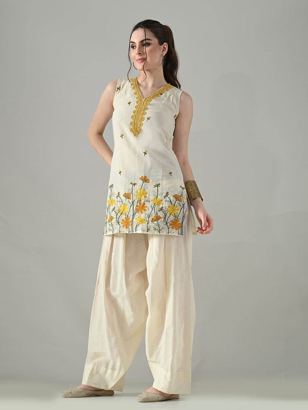 Myshka Women Off White Embroidered Short Kurta With Farsi Salwar | Grocsy