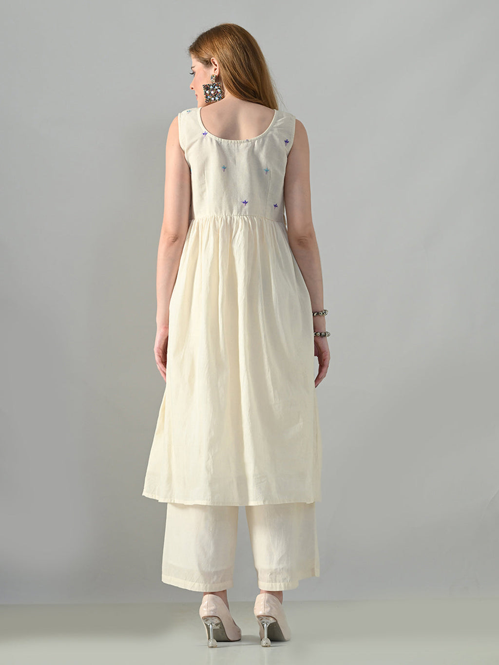 Myshka Women Off White Embroidered Long Kurta With Front Slit Trouser | Grocsy