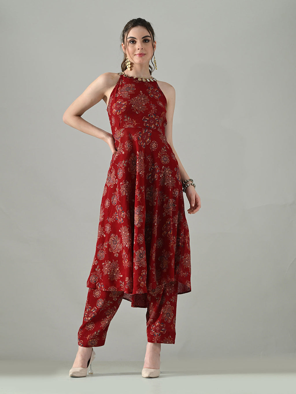Myshka Women Red Halter Neck Flared Kurta With Elasticated Salwar | Grocsy
