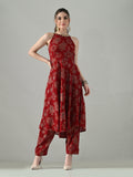 Myshka Women Red Halter Neck Flared Kurta With Elasticated Salwar | Grocsy