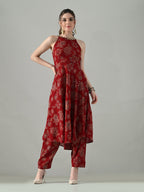 Myshka Women Red Halter Neck Flared Kurta With Elasticated Salwar | Grocsy