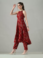 Myshka Women Red Halter Neck Flared Kurta With Elasticated Salwar | Grocsy
