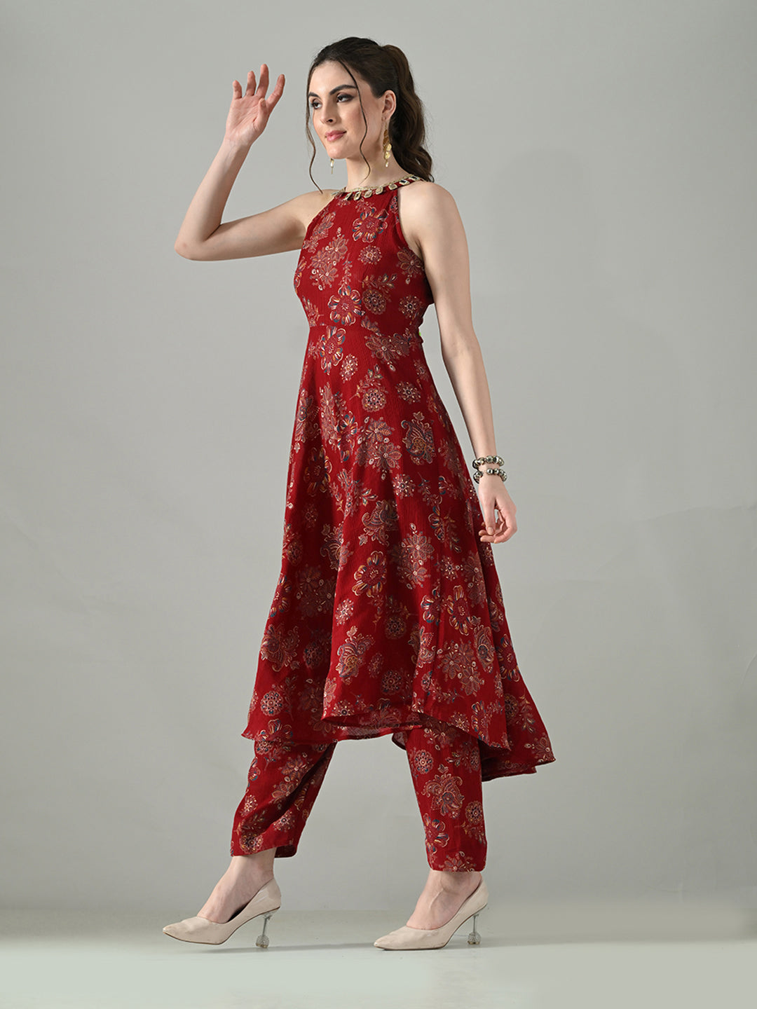 Myshka Women Red Halter Neck Flared Kurta With Elasticated Salwar | Grocsy