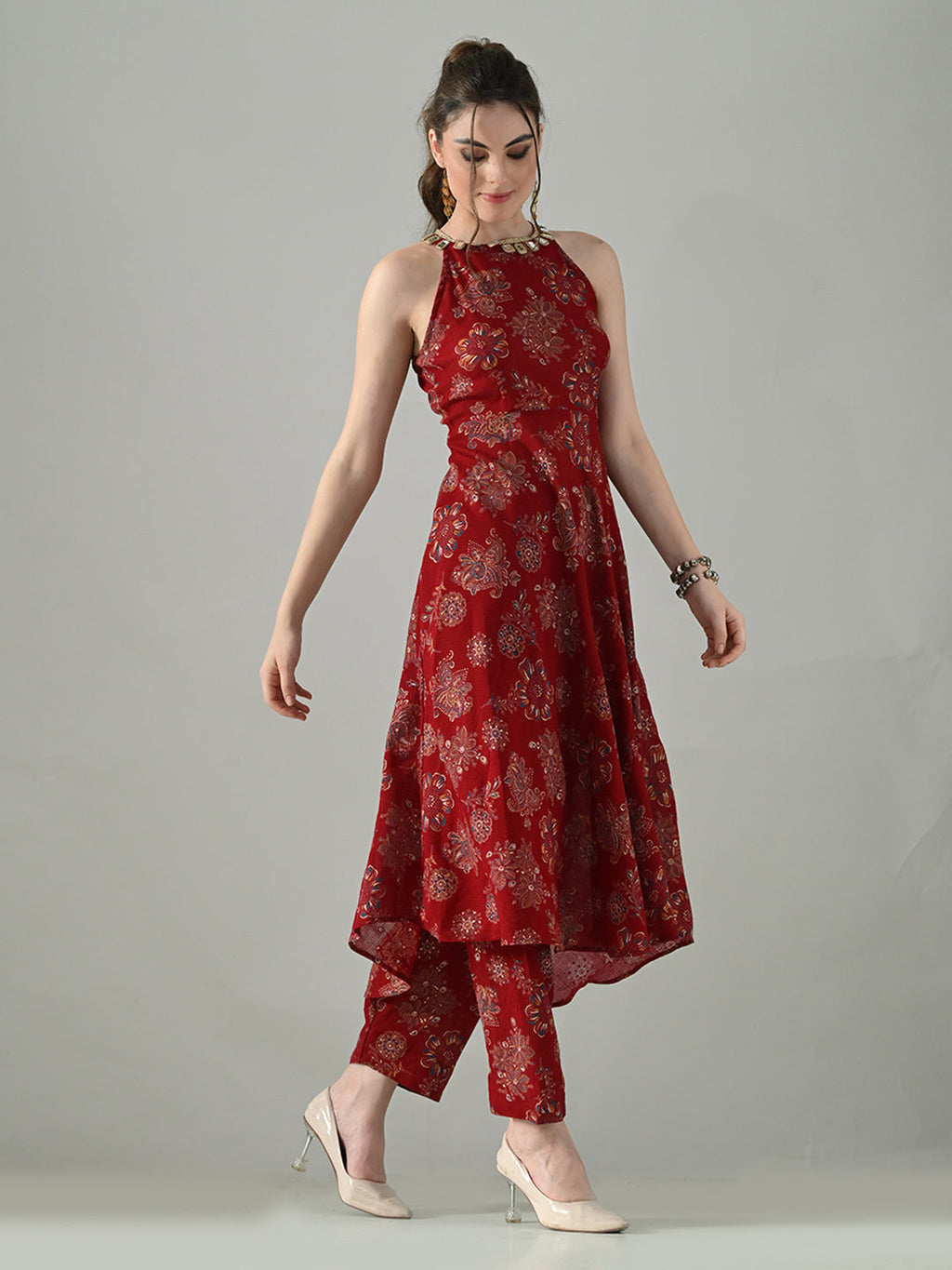 Myshka Women Red Halter Neck Flared Kurta With Elasticated Salwar | Grocsy