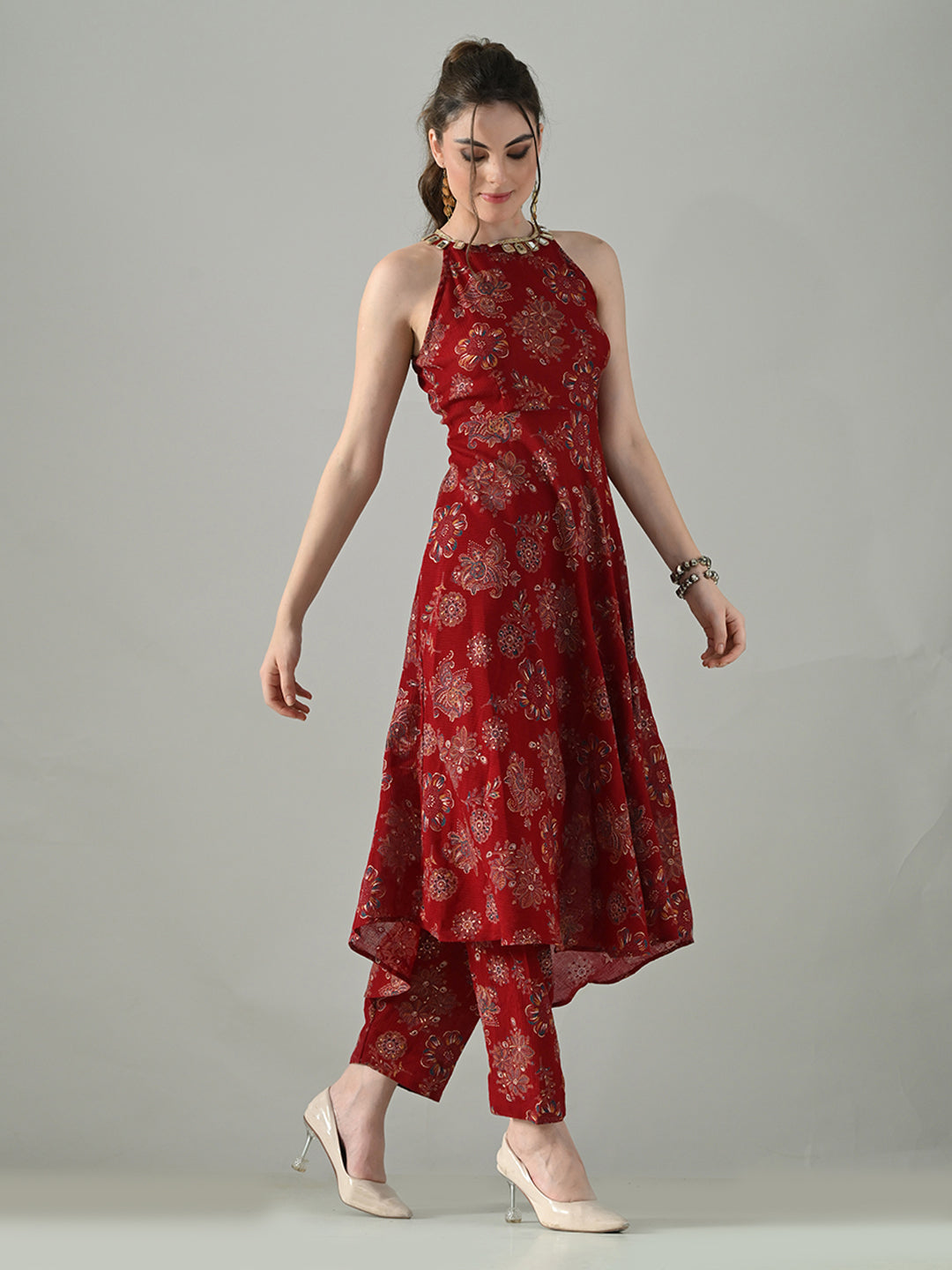 Myshka Women Red Halter Neck Flared Kurta With Elasticated Salwar | Grocsy
