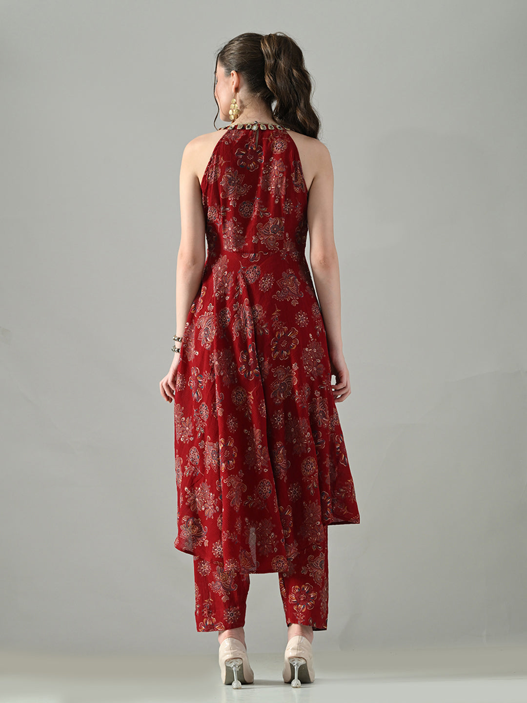 Myshka Women Red Halter Neck Flared Kurta With Elasticated Salwar | Grocsy