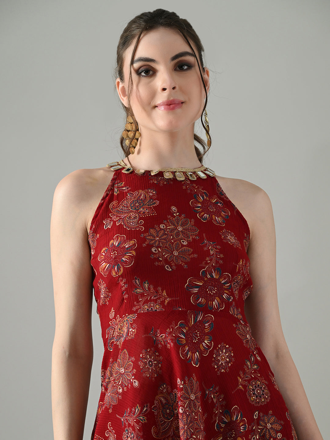 Myshka Women Red Halter Neck Flared Kurta With Elasticated Salwar | Grocsy