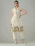 Myshka Women Off White Embroidered Lapel Collared Kurta With Trouser | Grocsy