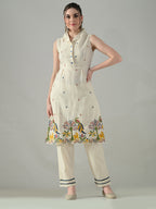 Myshka Women Off White Embroidered Lapel Collared Kurta With Trouser | Grocsy