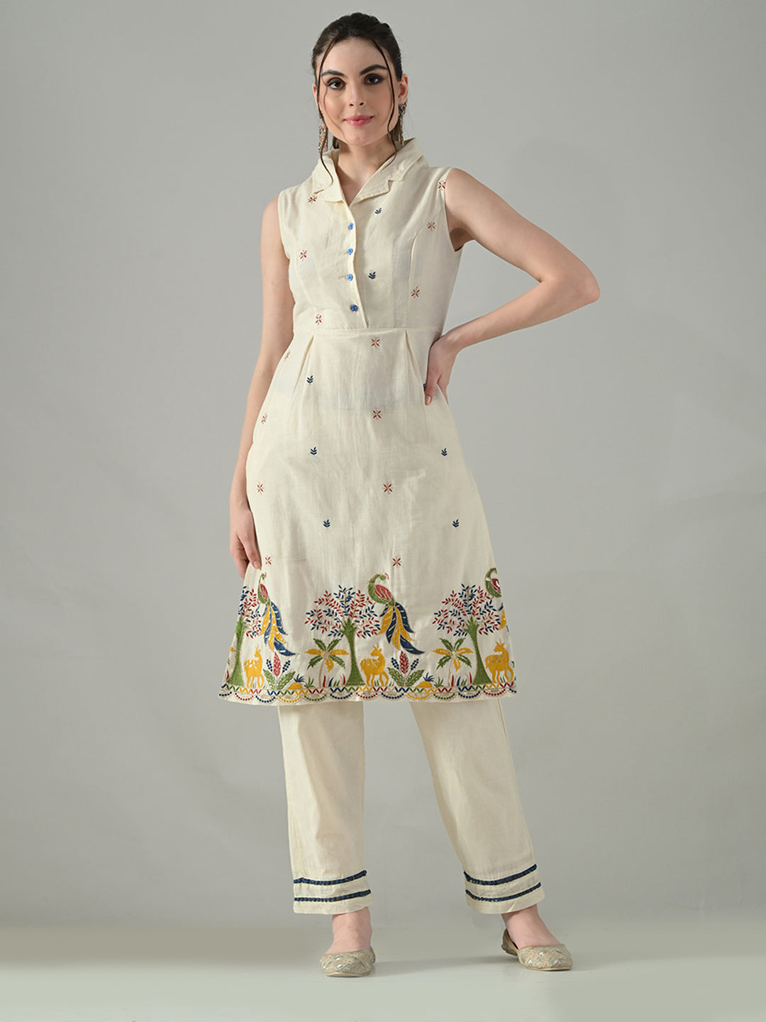 Myshka Women Off White Embroidered Lapel Collared Kurta With Trouser | Grocsy