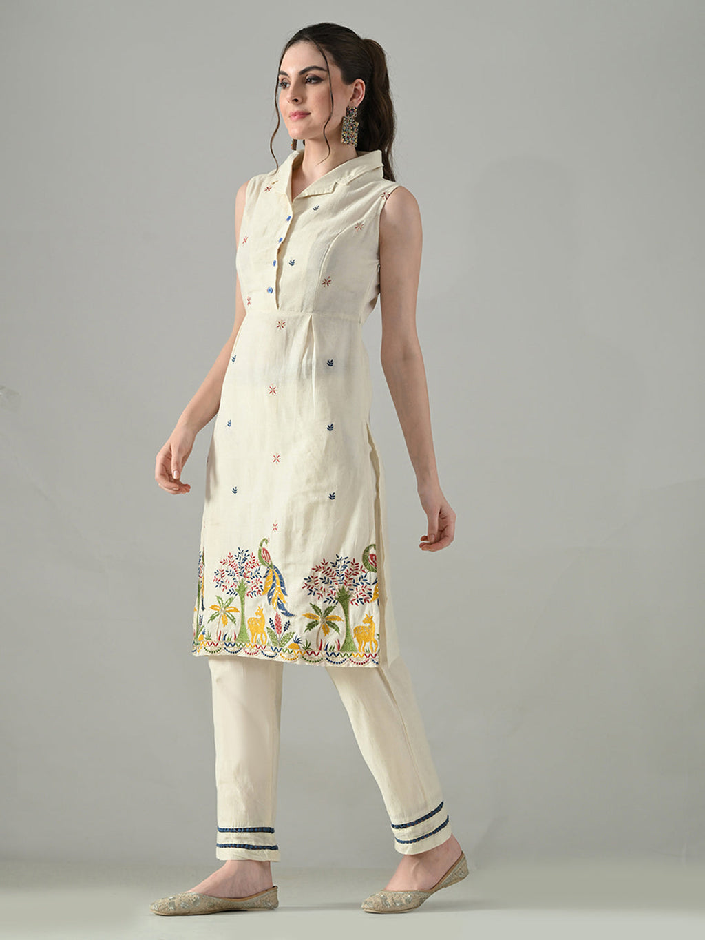 Myshka Women Off White Embroidered Lapel Collared Kurta With Trouser | Grocsy