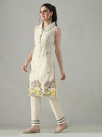 Myshka Women Off White Embroidered Lapel Collared Kurta With Trouser | Grocsy