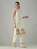 Myshka Women Off White Embroidered Lapel Collared Kurta With Trouser | Grocsy