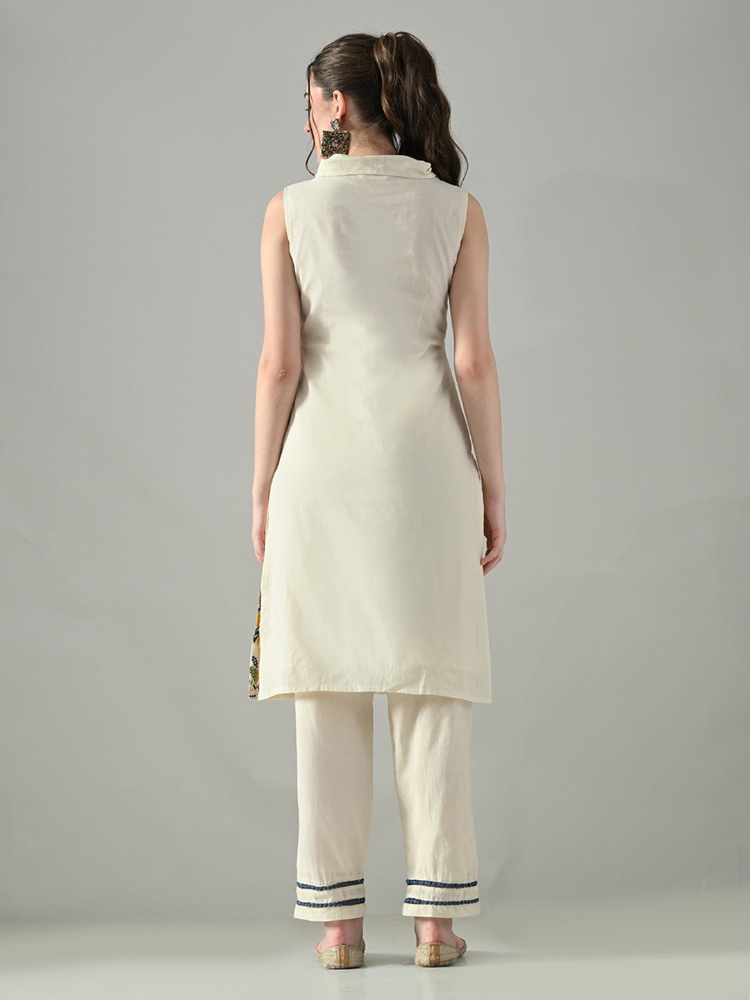 Myshka Women Off White Embroidered Lapel Collared Kurta With Trouser | Grocsy