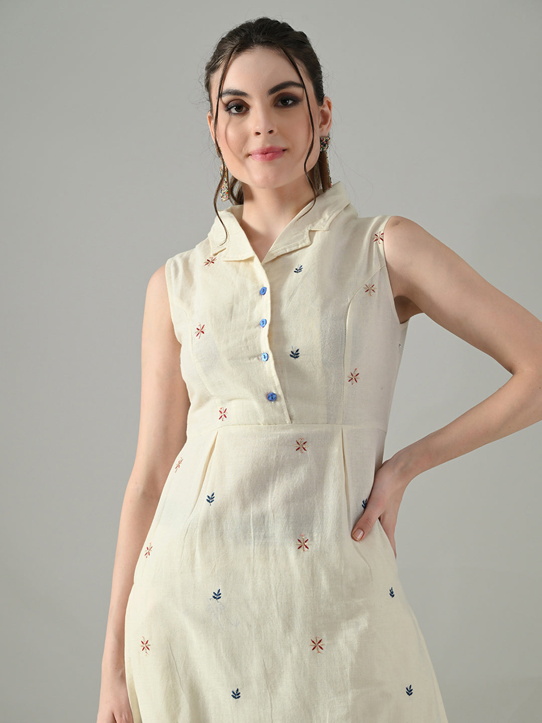 Myshka Women Off White Embroidered Lapel Collared Kurta With Trouser | Grocsy