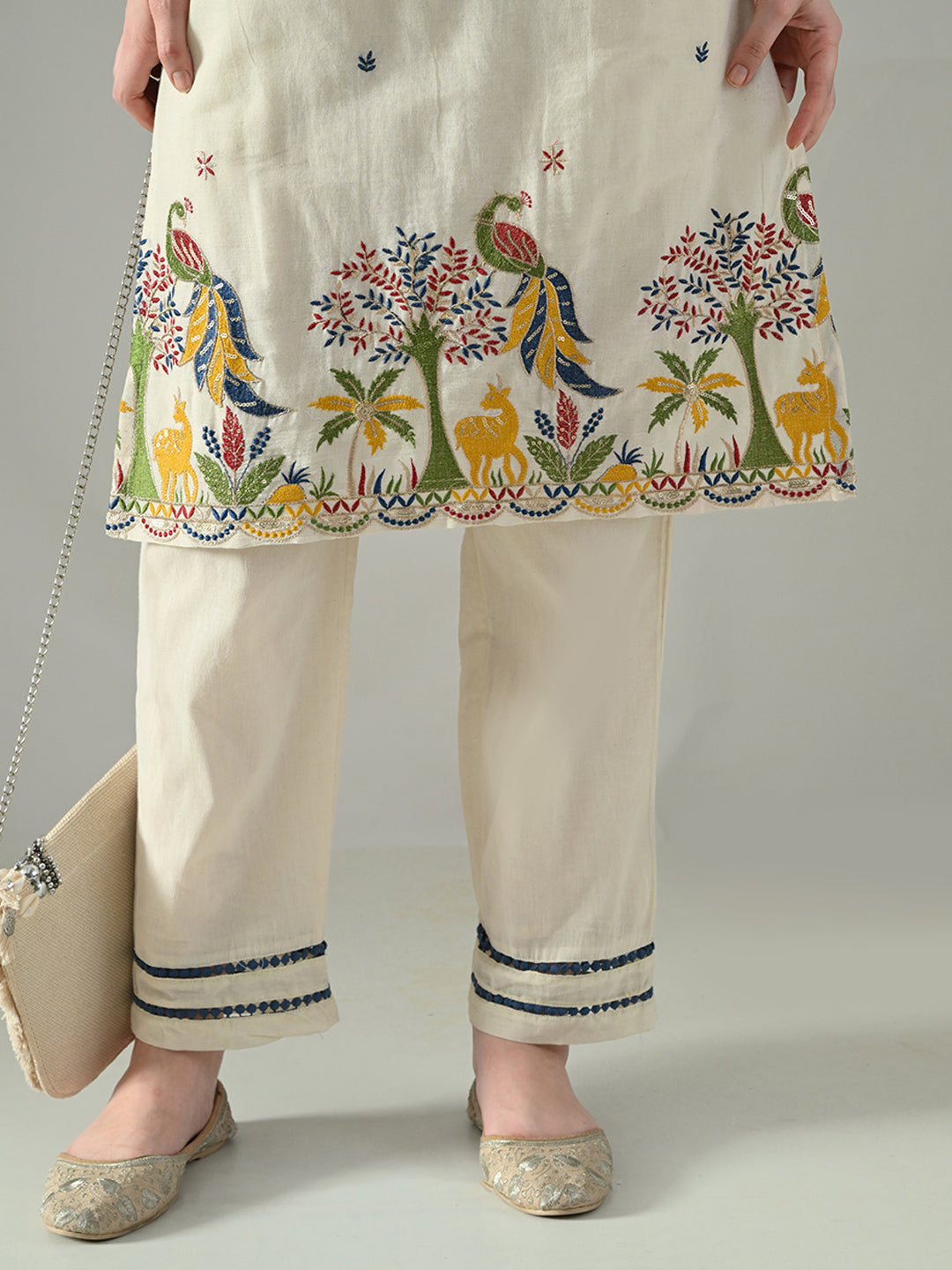 Myshka Women Off White Embroidered Lapel Collared Kurta With Trouser | Grocsy