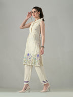 Myshka Women Off White Embroidered Lapel Collared Kurta With Trouser | Grocsy