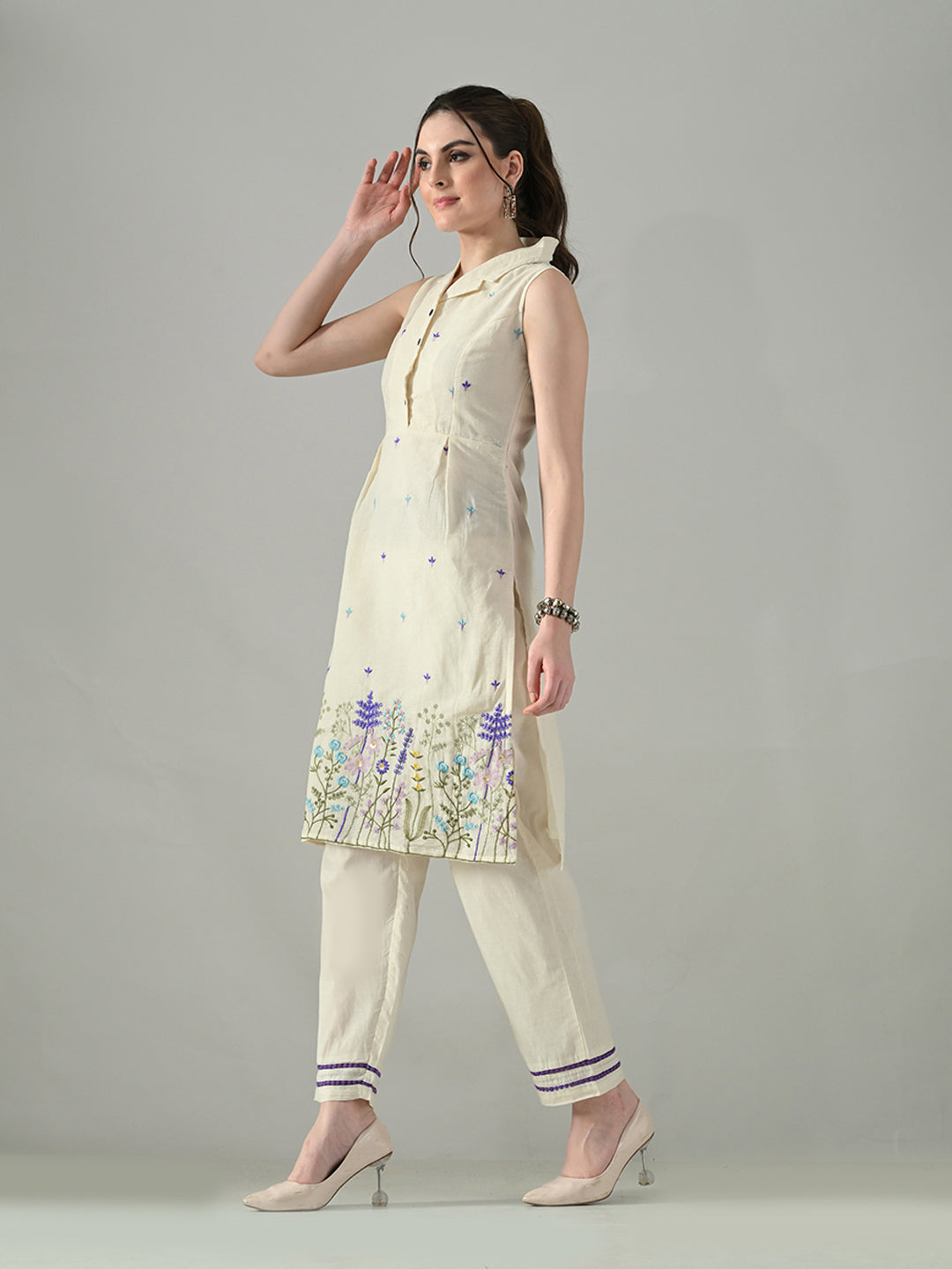 Myshka Women Off White Embroidered Lapel Collared Kurta With Trouser | Grocsy