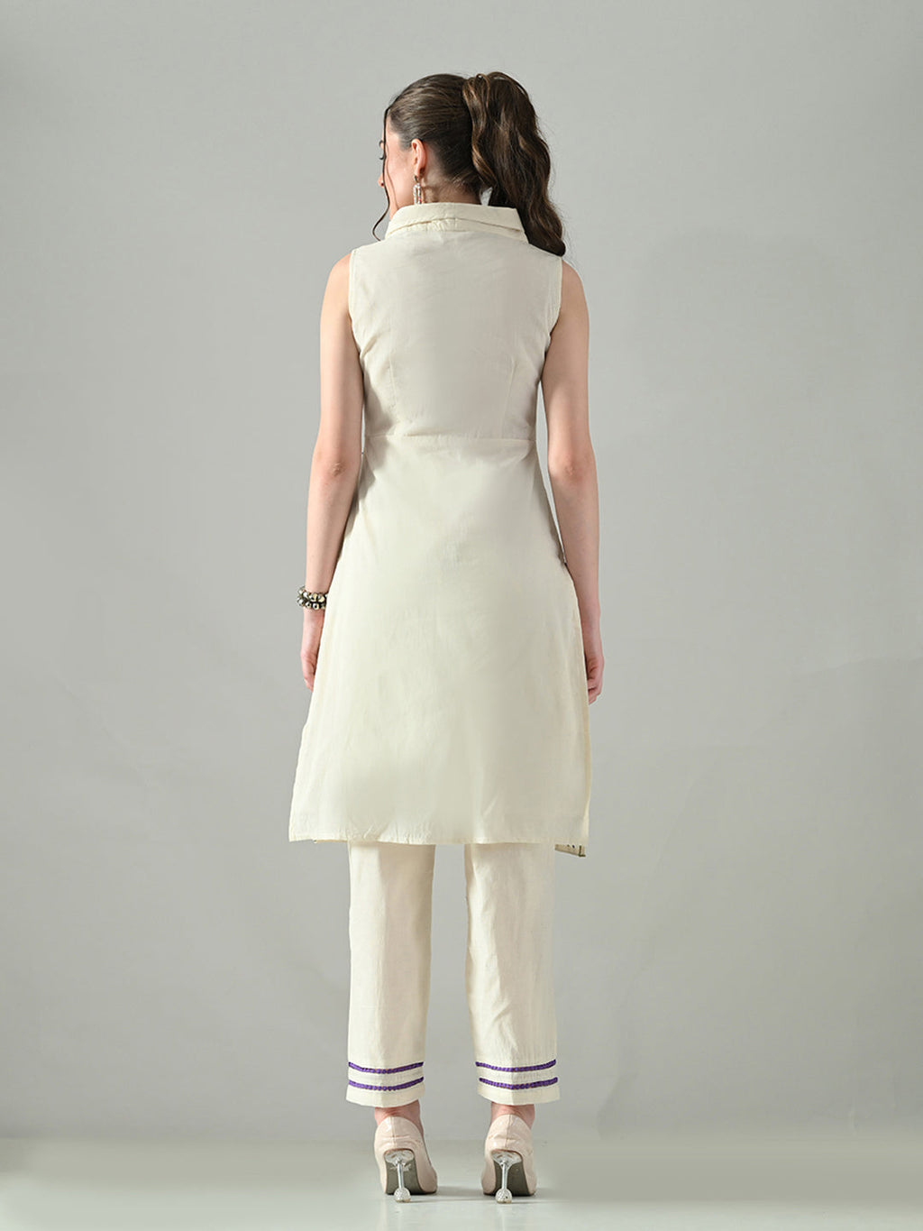 Myshka Women Off White Embroidered Lapel Collared Kurta With Trouser | Grocsy