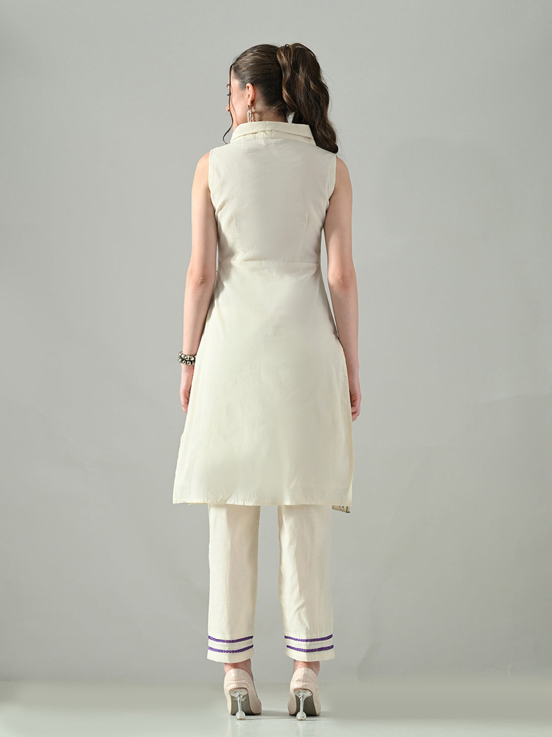 Myshka Women Off White Embroidered Lapel Collared Kurta With Trouser | Grocsy