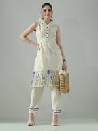 Myshka Women Off White Embroidered Lapel Collared Kurta With Trouser | Grocsy