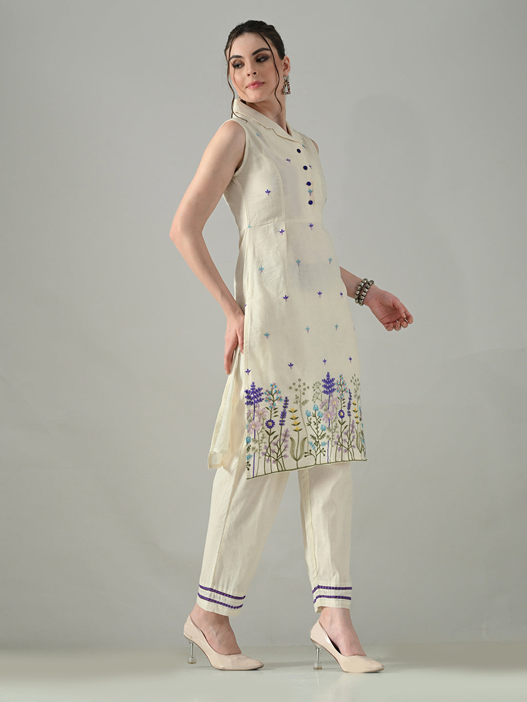 Myshka Women Off White Embroidered Lapel Collared Kurta With Trouser | Grocsy
