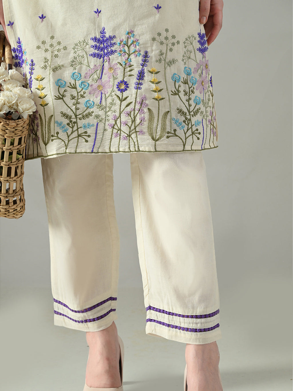 Myshka Women Off White Embroidered Lapel Collared Kurta With Trouser | Grocsy