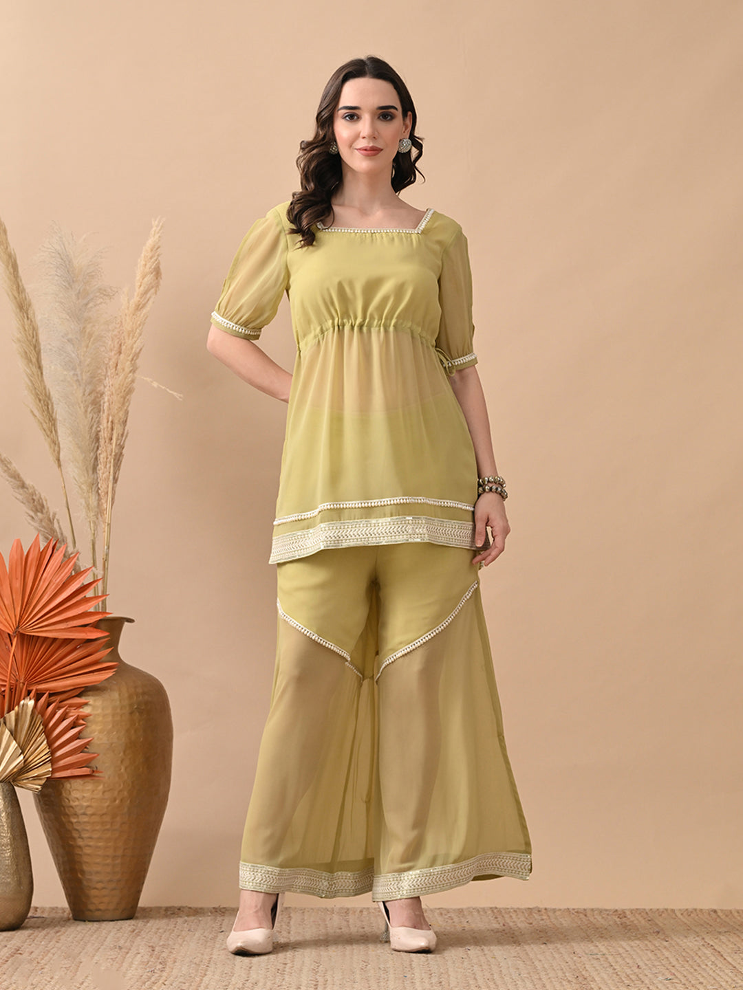 Myshka Women Green Short Kurta Lace Embellished Self Design Palazzo | Grocsy