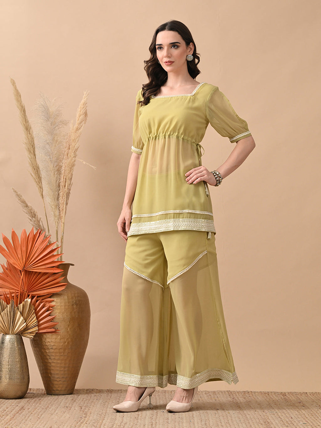 Myshka Women Green Short Kurta Lace Embellished Self Design Palazzo | Grocsy