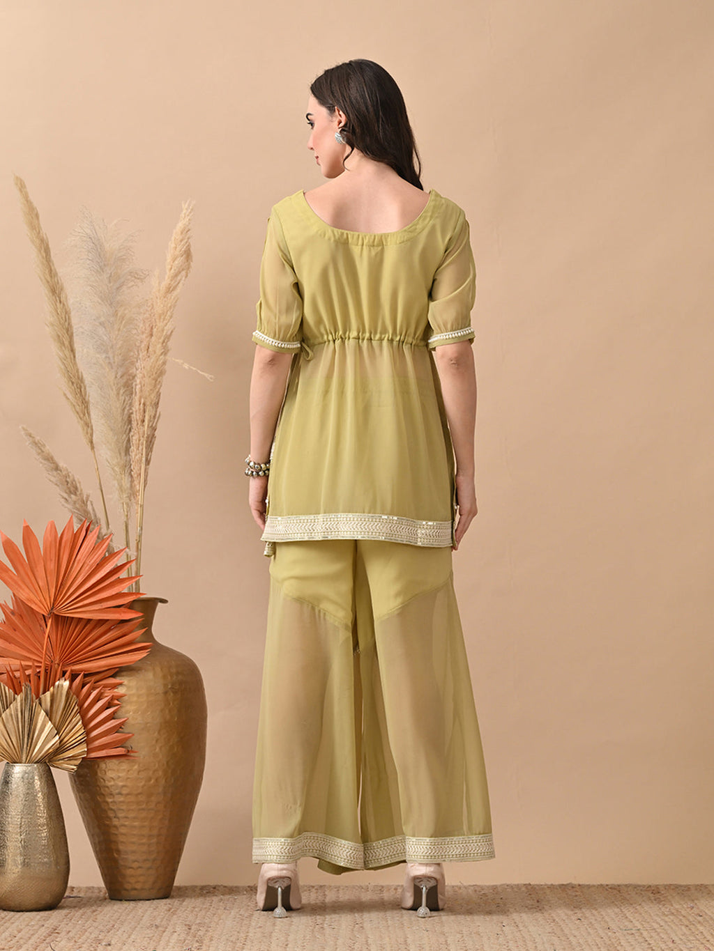 Myshka Women Green Short Kurta Lace Embellished Self Design Palazzo | Grocsy