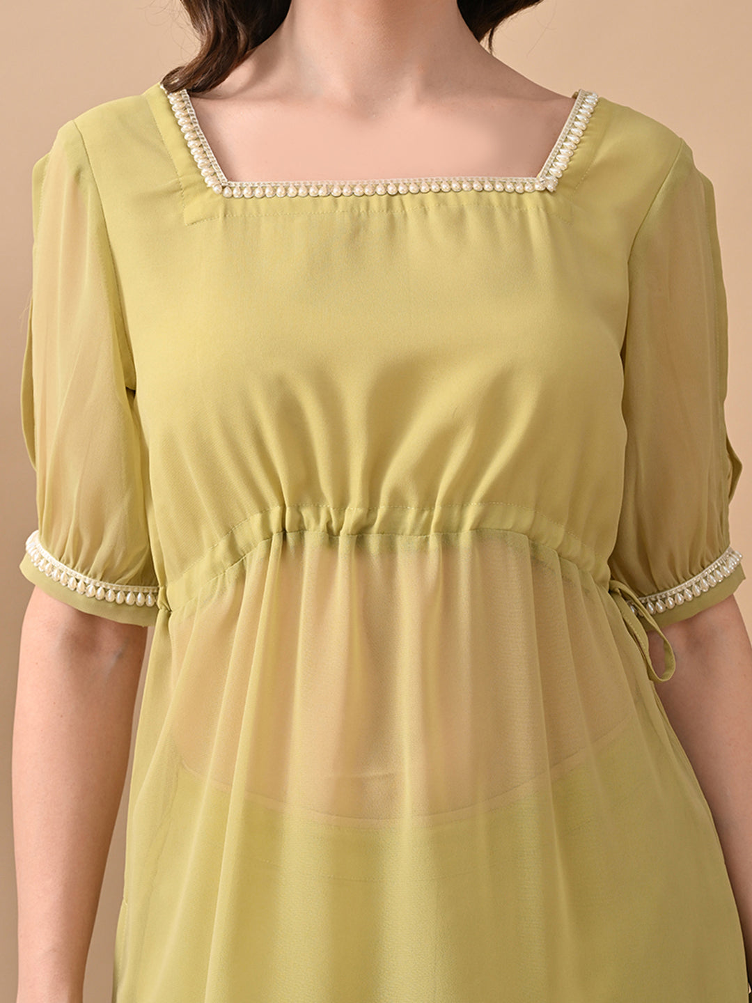 Myshka Women Green Short Kurta Lace Embellished Self Design Palazzo | Grocsy