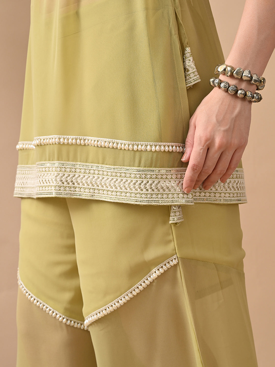 Myshka Women Green Short Kurta Lace Embellished Self Design Palazzo | Grocsy