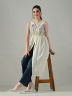 Myshka Women Off White Multicolor Thread Embroidered Sleeveless Long Kurta | Grocsy