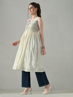 Myshka Women Off White Multicolor Thread Embroidered Sleeveless Long Kurta | Grocsy