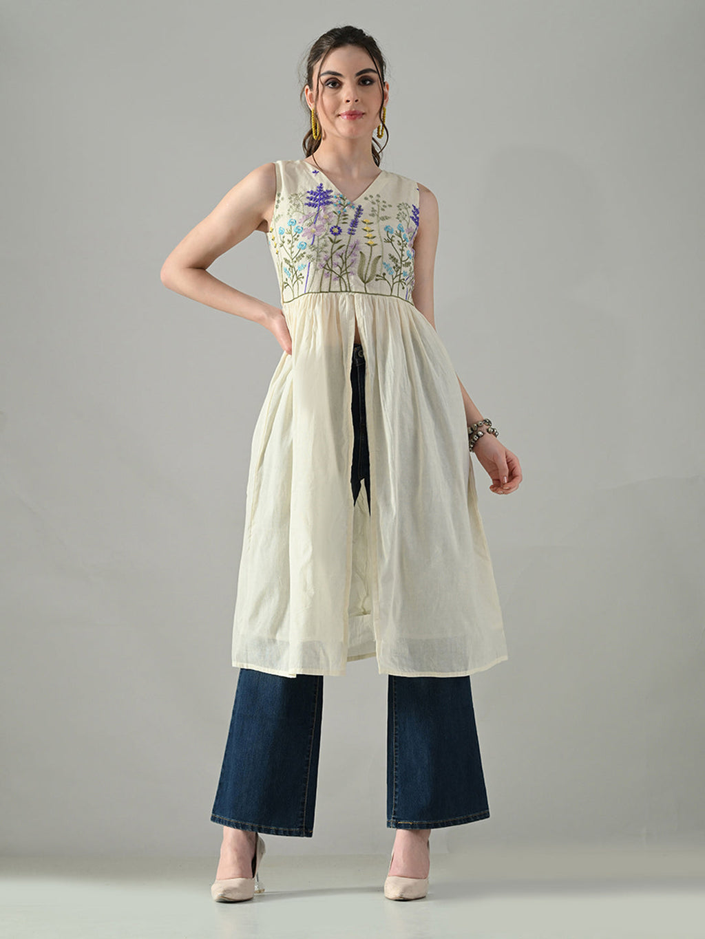 Myshka Women Off White Multicolor Thread Embroidered Sleeveless Long Kurta | Grocsy