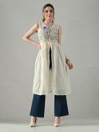Myshka Women Off White Multicolor Thread Embroidered Sleeveless Long Kurta | Grocsy