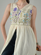 Myshka Women Off White Multicolor Thread Embroidered Sleeveless Long Kurta | Grocsy