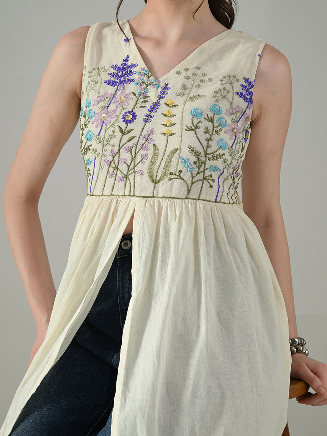 Myshka Women Off White Multicolor Thread Embroidered Sleeveless Long Kurta | Grocsy