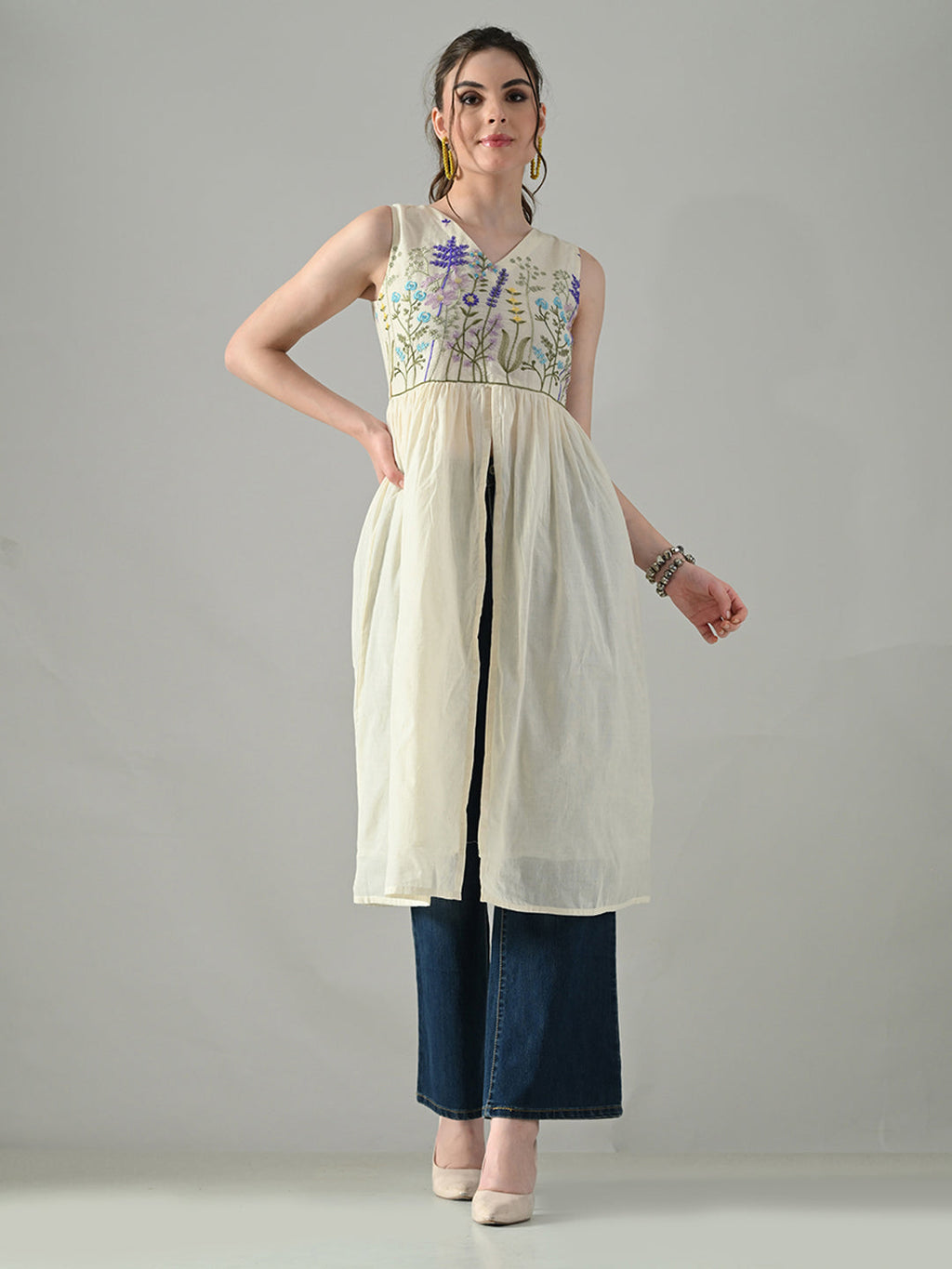 Myshka Women Off White Multicolor Thread Embroidered Sleeveless Long Kurta | Grocsy