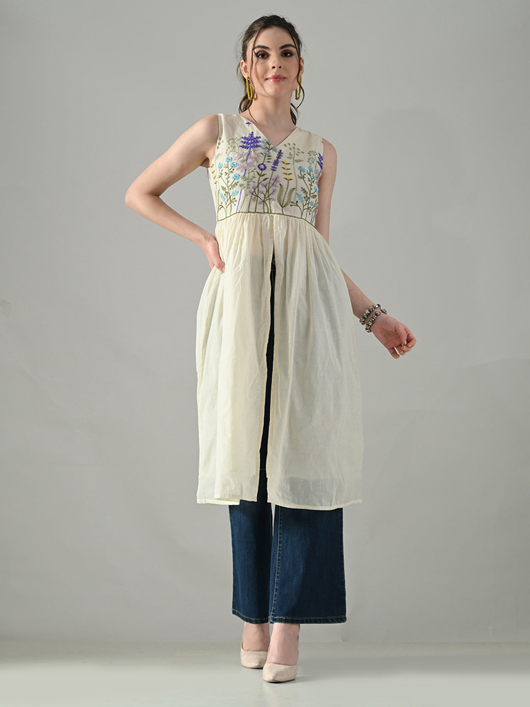 Myshka Women Off White Multicolor Thread Embroidered Sleeveless Long Kurta | Grocsy
