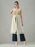Myshka Women Off White Multicolor Thread Embroidered Sleeveless Long Kurta | Grocsy