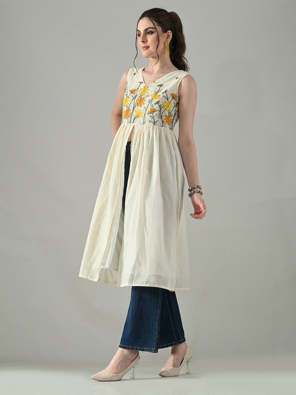Myshka Women Off White Multicolor Thread Embroidered Sleeveless Long Kurta | Grocsy